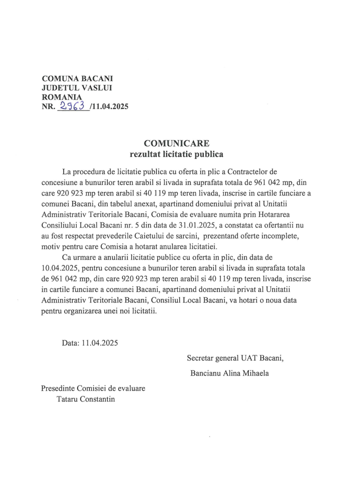 Comunicare rezultat licitație publică