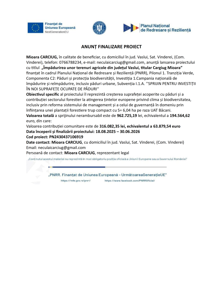 Anunț finalizare proiect PNRR, cod proiect: PN2430437106919